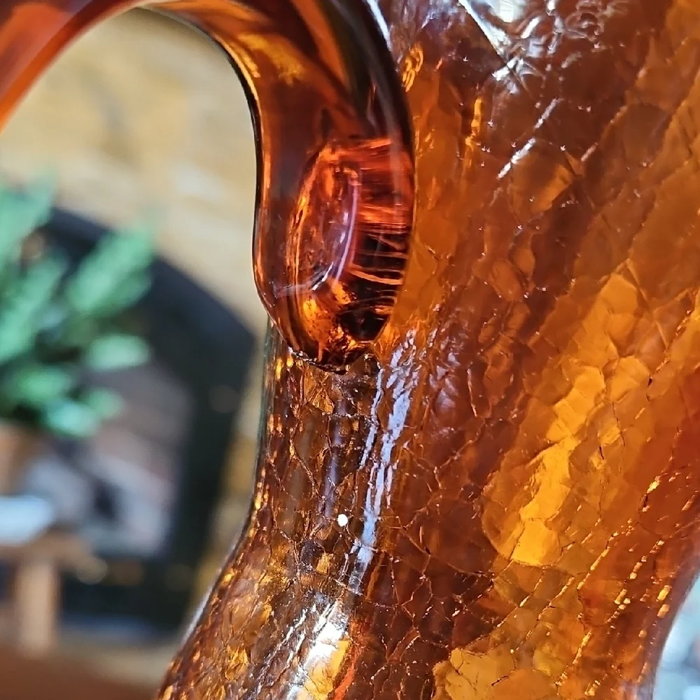 VTG MCM Pilgrim Glass Amber Crackle Glass Handled Pitcher Vase 12